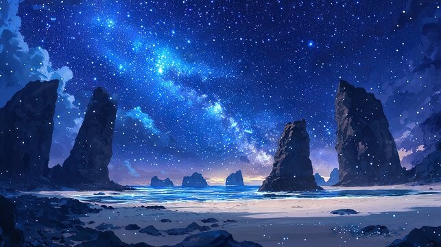 A tranquil seascape at night under a starry sky.
