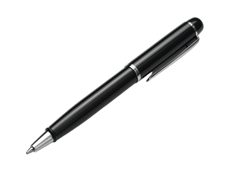 Sleek, glossy black pen with silver accents, shown angled against a dark background, casting slight shadows
