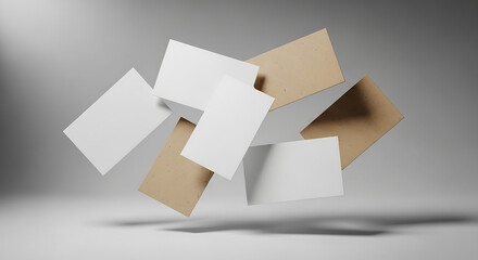 Dynamic 3D render of floating blank business cards for mockup.