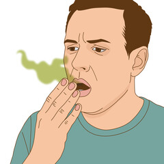 Man was bad breath smell has green fumes from mouth, illustration cartoon on white background