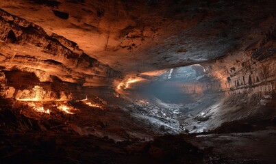 Cave interior with light illuminating the cavernous space.