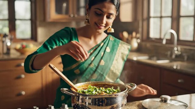 Indian Woman in traditional green sari cooking curry in kitchen, adding fresh herbs to pot on stove. Indian Housewife.