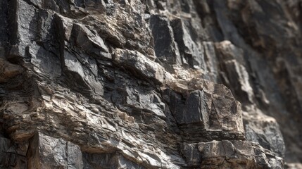Close-up of a rugged rock face with dark, textured surfaces.