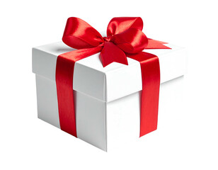 Obraz premium White box with red satin ribbon bow against a black background, ready for a holiday
