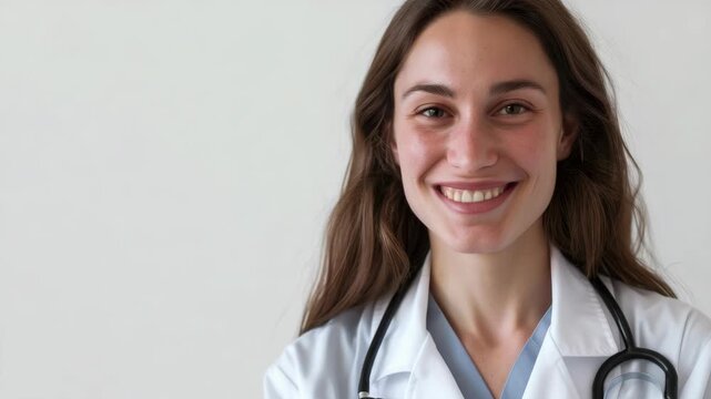 A friendly female doctor with brown hair.