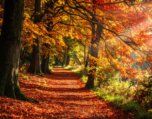 A stunning and real scene of a pathway through the woods at the peak of autumn, with golden sunlight filtering through vibrant trees