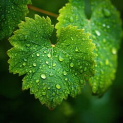 Close-up of Grape Leaves with Water Droplets, Natures Beauty.