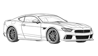 Sleek line drawing of a white two-door coupe car. Clean rendering with fine details and a black background