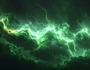 Vivid green electrical storm over dark mountains
