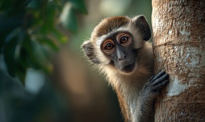 Curious monkey peeking from behind a tree trunk in the forest.