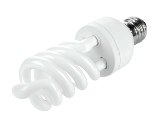 White CFL bulb, spiral-shaped glass and white plastic base, rests against a plain dark backdrop, showcasing its twisted form
