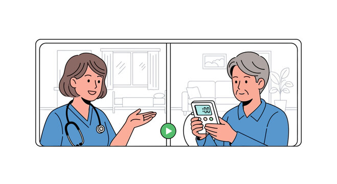 Doctor virtually consults senior man about health, providing care and support using telehealth technology, promoting wellness and peace of mind during recovery