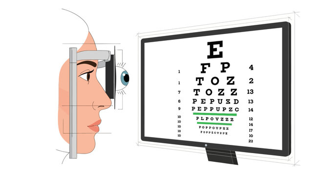 Eye exam illustration of vision testing with chart, perfect for optometry clinics, eye care professionals, and educational materials on vision health