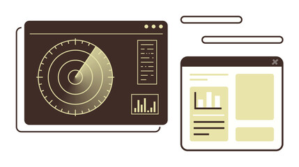 Radar screen with data tracking, analytics dashboard with charts, and floating interface elements. Ideal for technology, surveillance, data analysis, strategy, business intelligence, monitoring