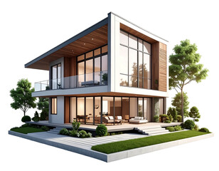 Sleek, modern house with glass facade and wood accents, surrounded by lush greenery, on a black backdrop