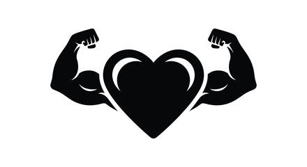 Strong heart silhouette with flexing biceps representing health strength and fitness silhouette