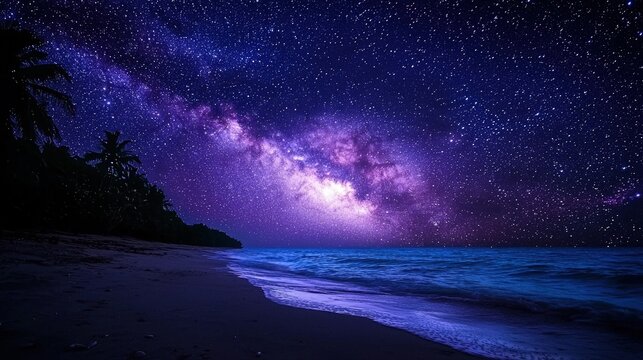 A tranquil beach scene under a vibrant night sky.
