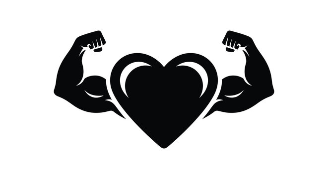 Strong heart silhouette with flexing biceps representing health strength and fitness silhouette
