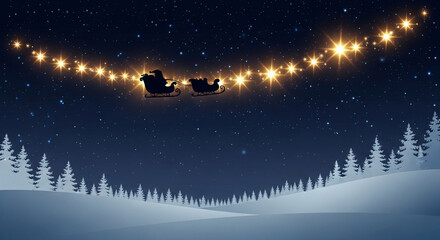 Santas sleigh flying through the night sky with christmas lights