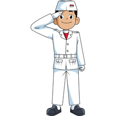 Man in White Uniform Saluting with Red Trim and White Hat on Transparent Background