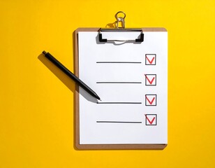 A clipboard with a check list, pen, and red check marks on a yellow background