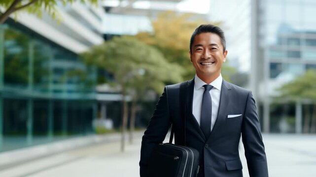 A confident businessman in a suit walks outdoors, smiling. Captured from a low angle, the video conveys success and professionalism in an urban setting.