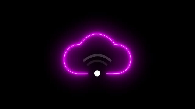 Cloud computing glowing neon wifi icon animation on black background.cloud icon. network system animation video. wifi concept.4k video