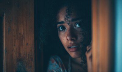 Intense Gaze - A Young Womans Fearful Expression in Darkness.