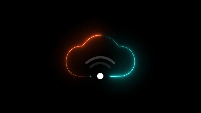 Cloud computing glowing neon wifi icon animation on black background.cloud icon. network system animation video. wifi concept.4k video