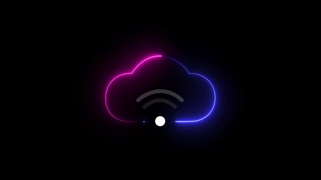 Cloud computing glowing neon wifi icon animation on black background.cloud icon. network system animation video. wifi concept.4k video