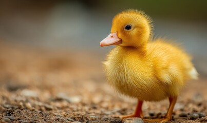 Adorable fluffy yellow duckling standing on the ground, looking curious.