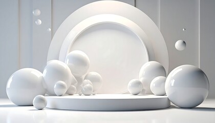 Modern, abstract, white minimalist scene with spheres and a circular platform