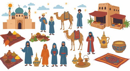 Middle Eastern culture scene with mosque and desert elements