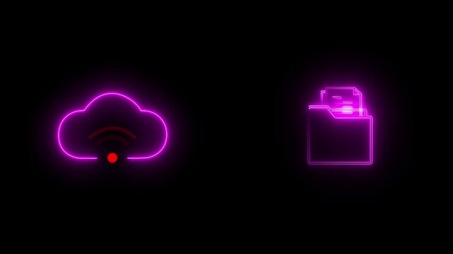 Cloud technology concept for data management system, online database storage, Information system for business.Neon glow Data storage icon concept. animation sign icon business sign icon. 4K video