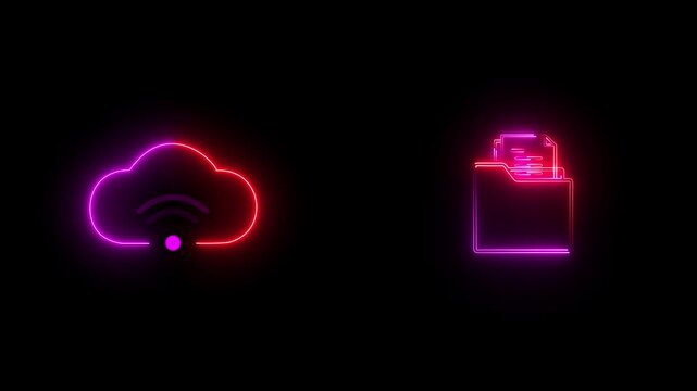 Cloud technology concept for data management system, online database storage, Information system for business.Neon glow Data storage icon concept. animation sign icon business sign icon. 4K video