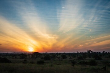 Spectacular Sunburst and Cloud Rays Over the African Savanna at Sunset