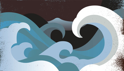 Dynamic Japanese papercut wave illustration in layered blues and white with textured details. Inspired by traditional ukiyo-e, this bold ocean design has a modern abstract flair.