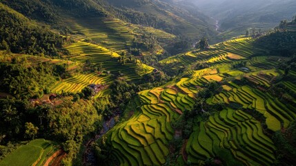 Aerial view of lush green rice terraces in the mountains.