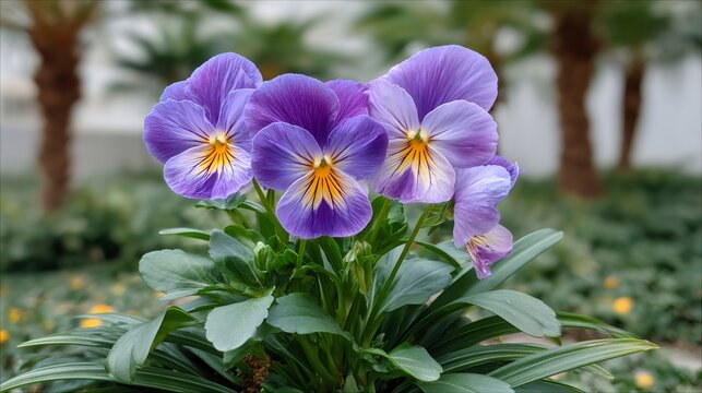 Purple pansy flowers blooming in green garden