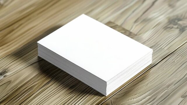 A small stack of white business cards sitting on a wooden surface.