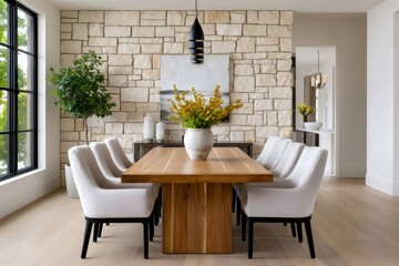 Modern rustic dining room interior with stone wall accent