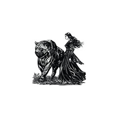 Vintage woodcut style illustration of an elegant woman walking with a large tiger. Monochrome ink sketch depicting a beautiful female figure and the powerful wild cat