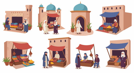 Middle Eastern market scene with vendors and customers