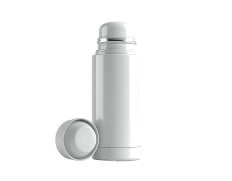 White, cylindrical, metal bottle with cap off, on dark background