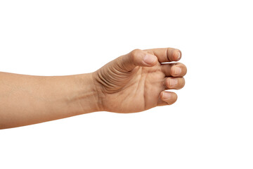 man hand holding something like a bottle on white background
