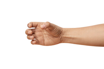 man hand holding something like a bottle on white background