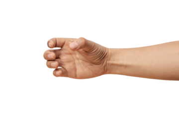 man hand holding something like a bottle on white background