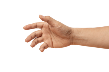 man hand holding something like a bottle on white background