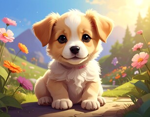 Adorable puppy sits in field of wildflowers with bright, sunny sky