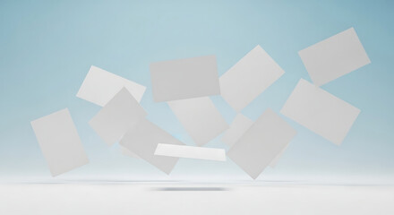 Floating Business Cards Mockup on Light Blue Background.